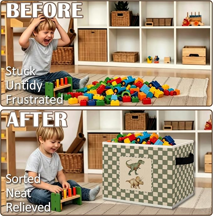 Kids Playroom Dinosaur Cube Storage Bins with Handles, Dinosaur Nursery Checkered Collapsible Fabric Storage Basket Boxes Books Clothes Organizer for Kids Boys Room Bedroom Bathroom