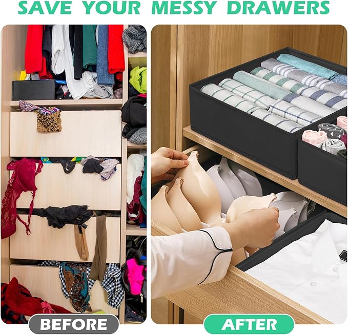 Drawer Clothing Organizer 16-Pack, Black Underwear Dividers | Multiple sizes Fabric Folding Wardrobe Organizer,Storage Bins Store Baby Clothes, Bras,Underwear,Panties,Belts,Socks,Ties