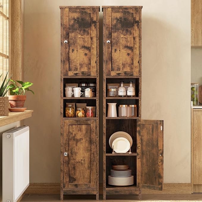 TEENFON 67" Tall Bathroom Cabinet with 2 Adjustable Shelves and 2 Doors, Narrow Bathroom Storage Cabinet for Small Space, Living Room, Entryway, Kitchen, Rustic Brown