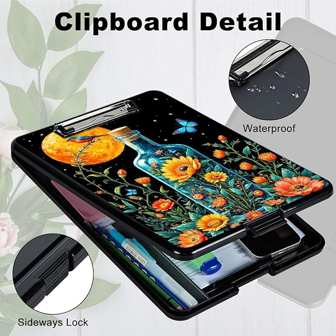 Heavy Duty Storage Clipboard, Slim Nursing Clipboard with Internal Pen Case, Portable File Organizer Case for A4 Letter Size Paper Office Medical Professionals, Drift Bottle Flowers Birds