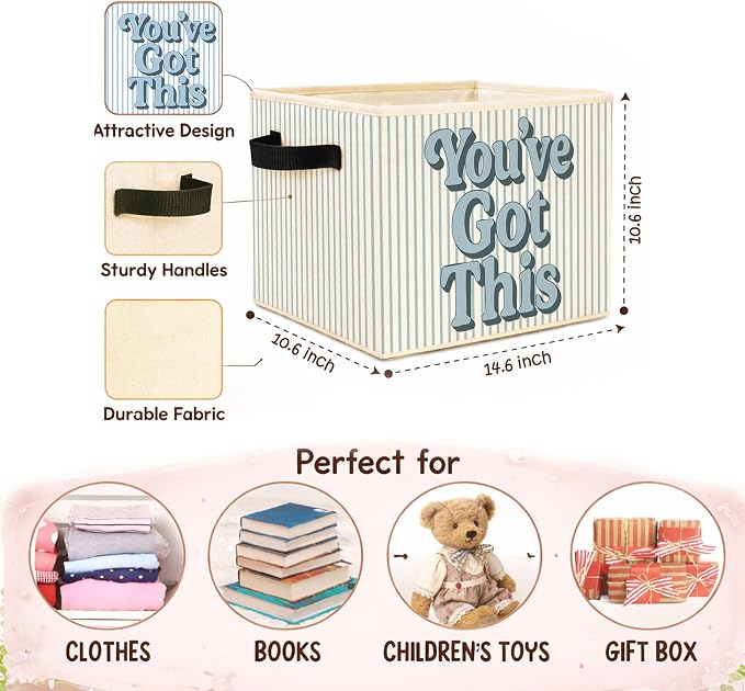 You’ve Got This Storage Bin, Blue White Stripe Fabric Basket | Motivational foldable fabric organizer for nursery, bedroom, classroom, toys, books, and clothes