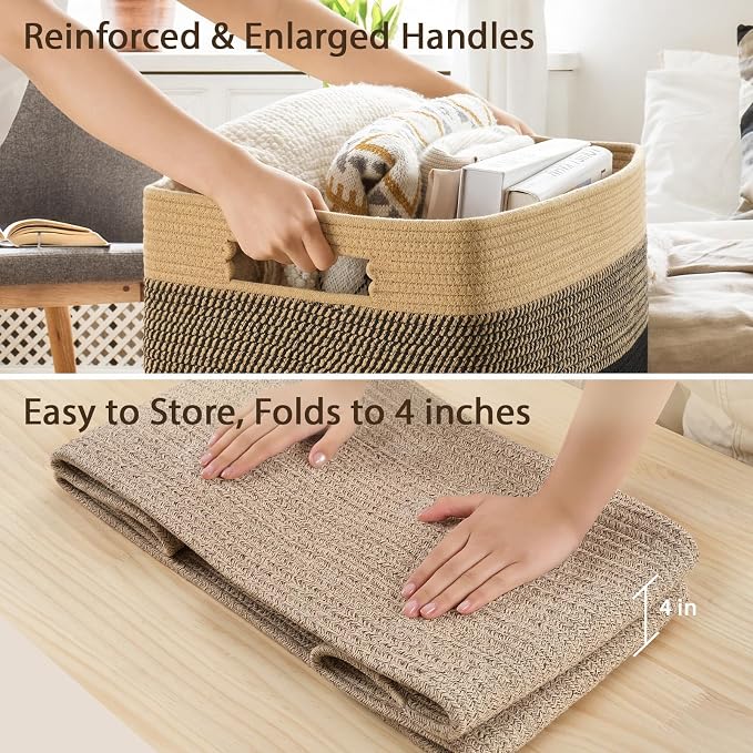 Optish 95L Large Woven Blanket Basket, Cotton Rope Laundry Basket, Brown | Sturdy Cotton Rope Basket Organizer Blanket, a lot of Toys, Comforter, Pillows, Bedroom, Living Room, Bathroom, Easy to Carry