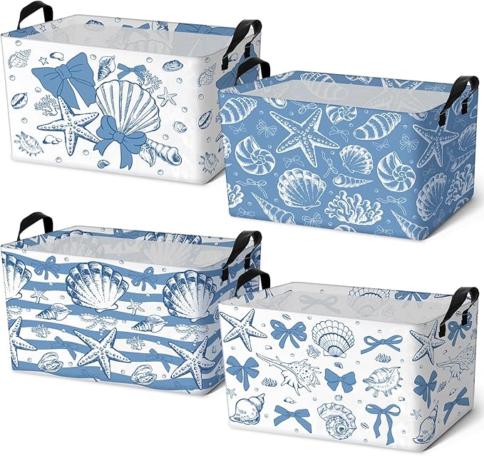 4pcs Christmas Storage Basket Fabric Laundry Baskets with Handle Xmas Foldable Organizer Boxes for Office Home Baby Cloth Toy Book 15 x 10 x 8(Summer Shell)
