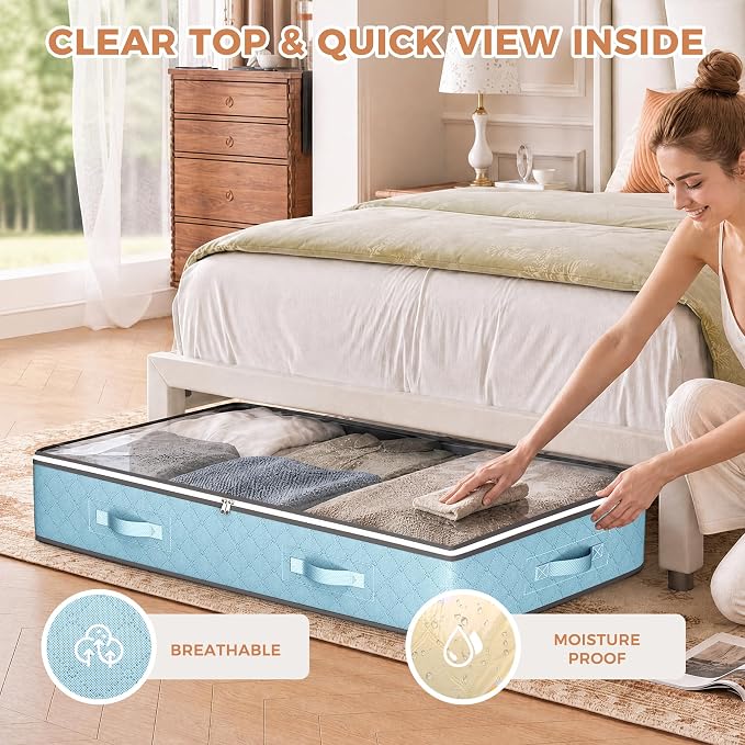 4 Pack Under bed Storage, Storage Bins with Clear Lids | Underbed Storage Bags for Blankets, Towels, Comforter, Sweaters, Linen Sheets, Wrapping Paper