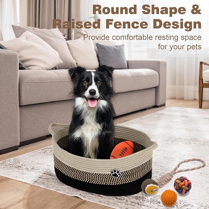 Optish 25L Dog Toy Basket,16.5" x 11" x 9" Medium Toy Storage Box and Bin with Handles, Woven Rope Foldable Basket for Blankets, Living Room, Bedroom, Home Decor, Black & Brown