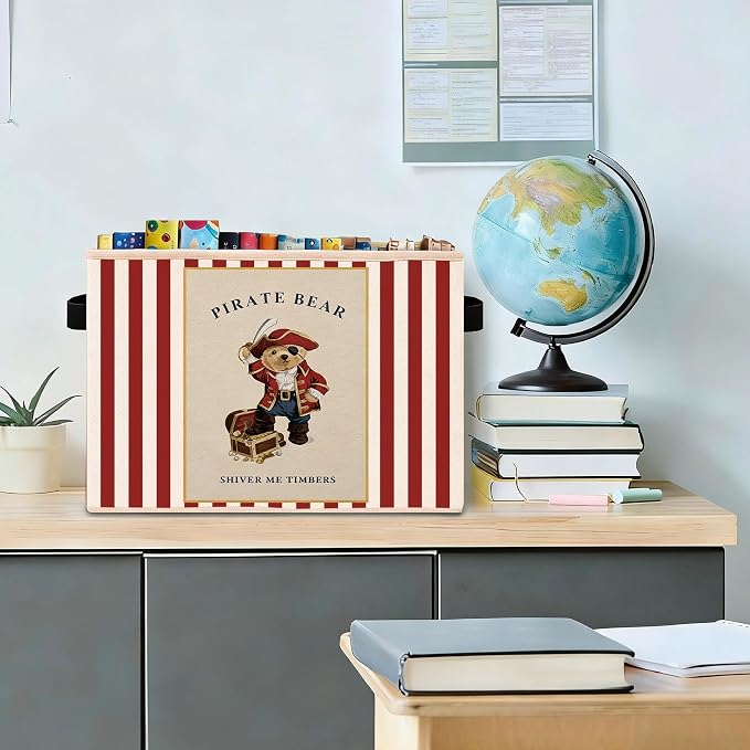Pirate Bear Storage Bin, Red Stripe Adventure Foldable Fabric Basket | Foldable pirate bear fabric organizer for nursery, bedroom, playroom, toys, books, and clothes