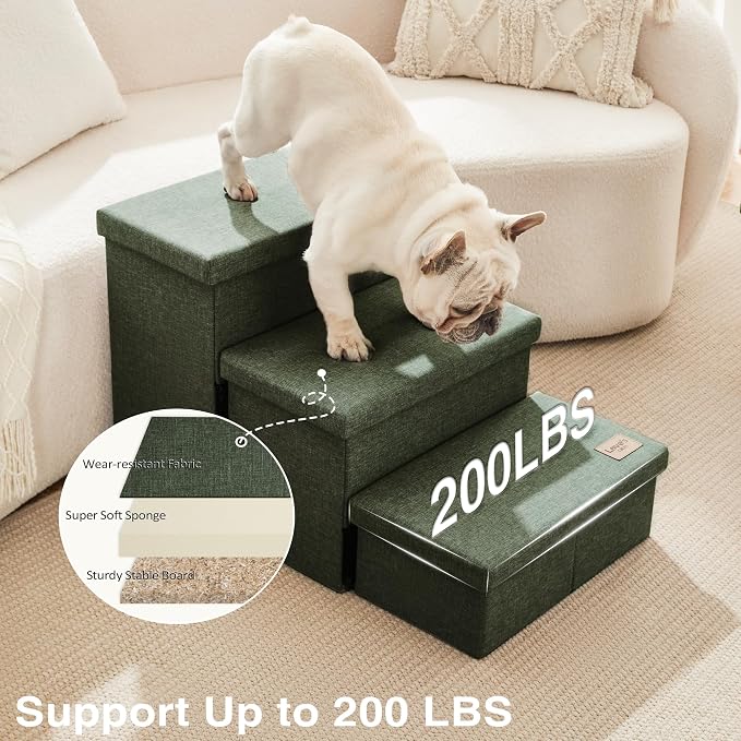 Love's cabin Dog Stairs for High Bed, Foldable Pet Stairs for Small Medium or Large Dogs Puppy with Storage for Bed or Couch, Cat Dog Steps Ramp with Zip up to 200 lbs, Dark Green, 3 Steps