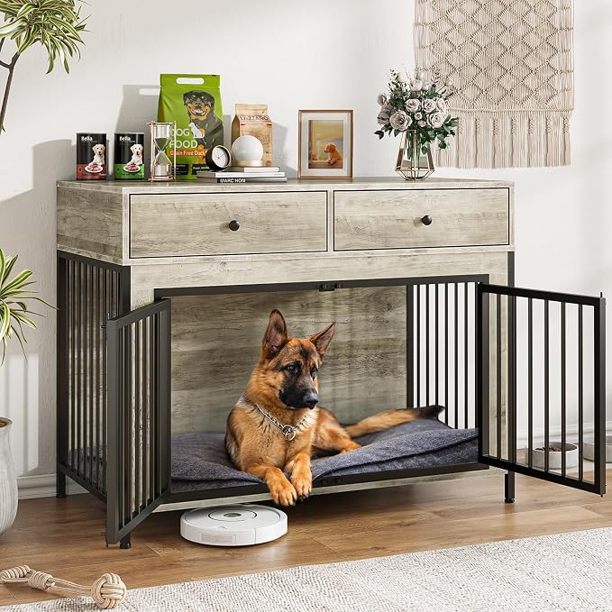 LEMBERI 44 Inch Large Dog Crate Furniture with 2 Storage Drawers | Indoor wooden kennel with decorative finish. Use as pet cage, dog house, or side table. Sturdy for large breeds