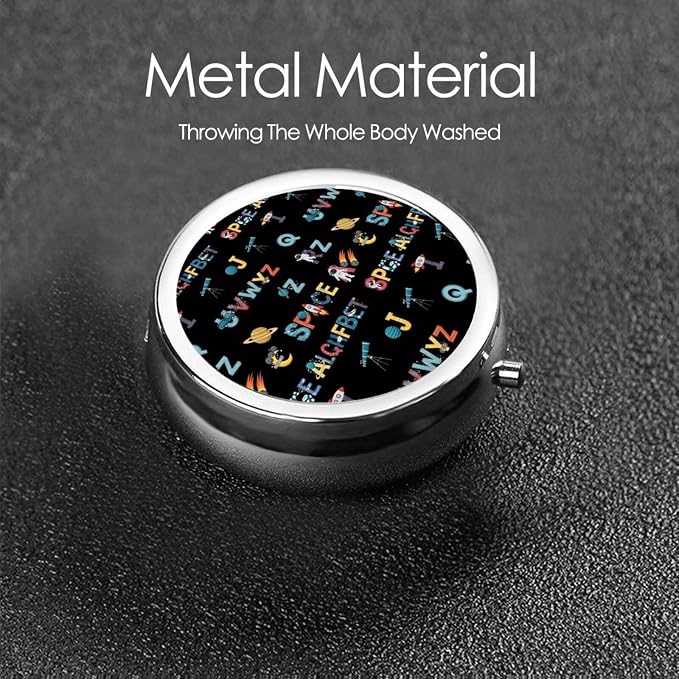 Travel Pill Case, Round Metal Organizer, Small Dispenser for Supplements, Pocket Purse Holder for Outdoor Adventures, Space Solar System Galaxy Science Rocket Planet Astronaut English Alphabet