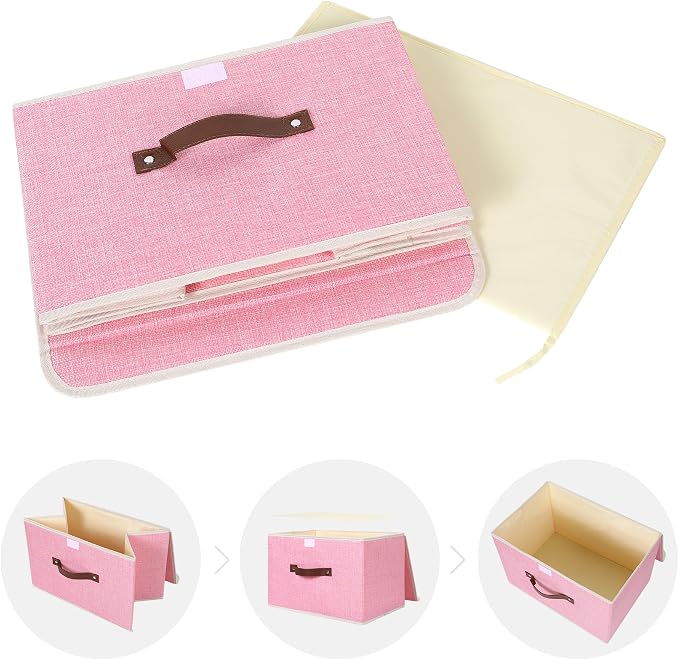 ANMINY Fabric Storage Box Bins with Lids, Pink, 15"x10"x10" | Keepsake Memory Storage, Cotton Linen, PP Board Reinforced, Washable, PU Handles, Foldable & Stackable, Decorative, Large