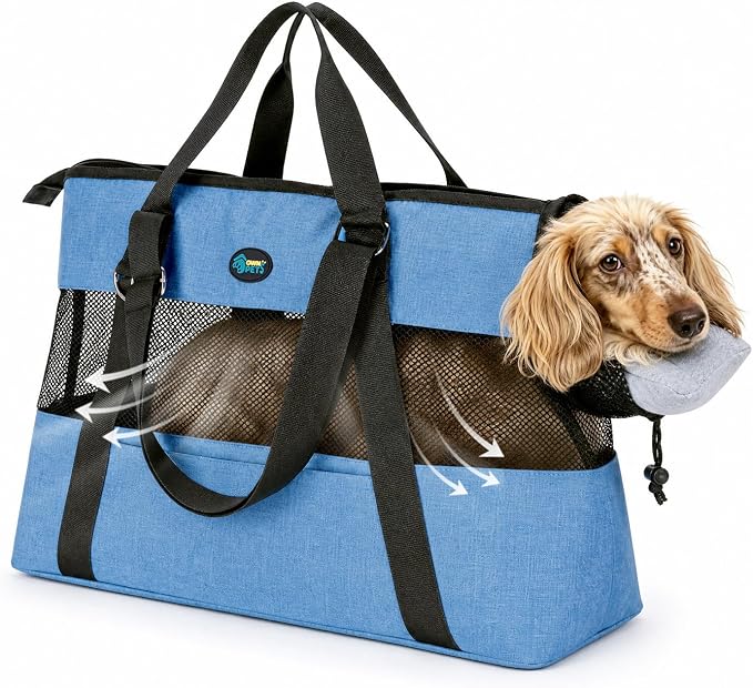 Ownpets XL Cat Dog Purse Carrier, Blue Breathable Mesh, Fits 20lbs | Summer ventilation, lightweight design, shoulder strap, travel vet shopping, blue