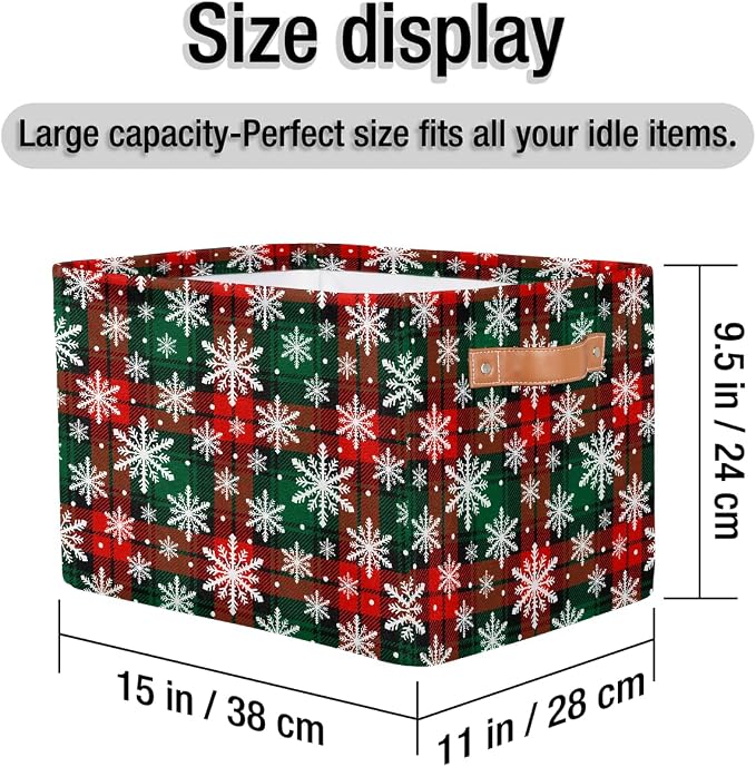 Pardick Christmas Red Green Snowflake Basket Storage Bins Large Fabric Toys Storage Cube Box with Handles Collapsible Closet Shelf Cloth Organizer Basket for Nursery Bedroom Bathroom Holiday Gift