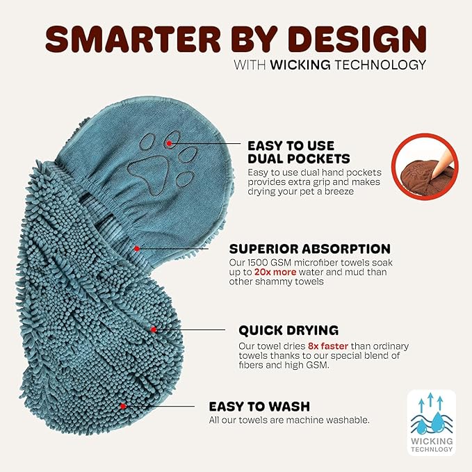 Dog Gone Smart The Dirty Dog Shammy - Fast Drying Plush Shammy Towel with Dual Hand Pockets and Elastic - Super Absorbent Polyamide Microfiber & Machine Washable - Pacific Blue, X-Large
