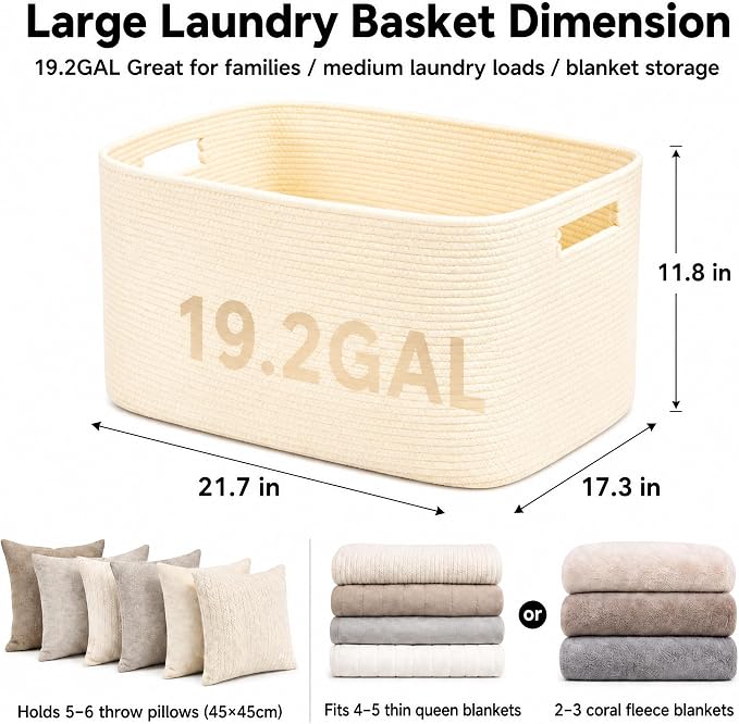 19.2GAL Sturdy Large Laundry Basket with Handles for Bathroom, Dorm Dirty Clothes, Portable Aesthetic Boho Cute Woven Storage Cushion Blanket Baskets for Living Room Decor Girls Boys Pets Toys Beige
