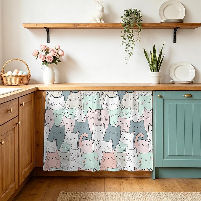 Cartoon Cat Small Sink Skirt 10"Wx11"L, Dustproof Under Sink Curtain with Self Adhesive Tape, Funny Cute Colorful Animal Pet Cabinet Curtain Cover for Bathroom Vanity, Kitchen Storage Shelf, RV