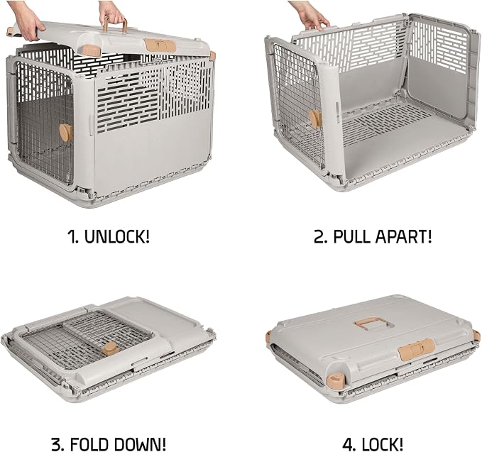 SportPet Designs Collapsible Medium Pet Travel Carrier (Tan), Hard-Sided Kennel for Medium Dogs, Puppies, Cats, Kittens, Animals up to 50lbs, Washable Home & Outdoor Pet Crate, 30.6"L x 22"W x 23.25"H