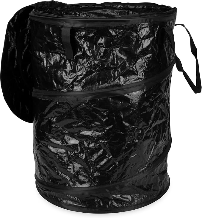 Camco Pop-Up Utility Container - Use as Collapsible Trash Can When Camping - Holds 30-Gallon Kitchen-Size Trash Bags - Stands 2-Ft Tall & Collapses for RV Storage and Organization (42893-A)