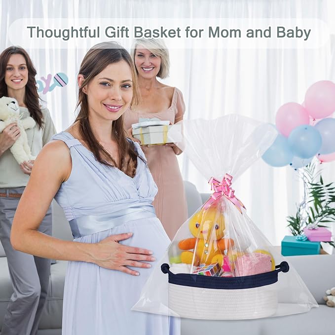 COMSE Small Gift Basket Empty with Bag & Ribbons, Navy Blue & White | Cotton Rope, 12"x 8"x 5", Pet Toy Storage Organizer, Woven Basket for Birthdays, Baby Showers, Mother’s Day, Valentine’s Day