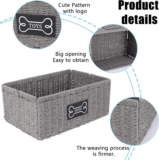 Dog Toy Basket Metal Frame Woven Rattan Foldable Bin, Dog Toy Storage Organizer for Living Room,Entryway,Toy Storage Organizer with Collapsible Rectangular Design,Pet Toy Basket for Dogs and Cats