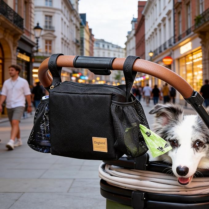 Dog Stroller Caddy Organizer Bag, Pet Stroller Caddy Handle Bag with Poop Bag Dispenser, Treat Pocket, Water Bowl, Large Non Slip Zipper Stroller Pouch for Dog Mom Walk,Travel,Indoor,Outdoor (Black)