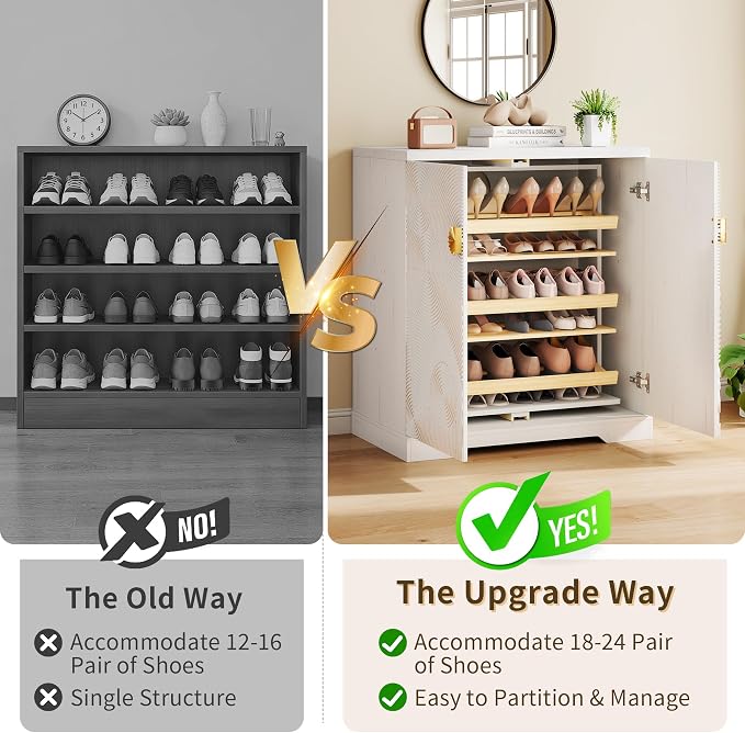 Vlsrka Shoe Storage Cabinet with Doors and 6 Tier Rotating Shelves, White | Suitable for 18 Pairs Shoe Organizer, Freestanding, Pull Out Shoe Rack, Wooden Entryway Cabinet for Hallway, Closet, Indoor