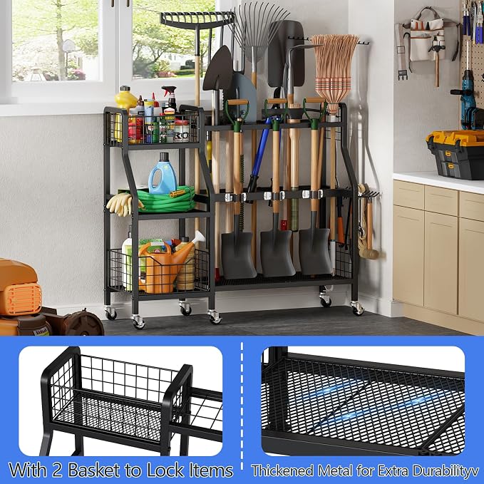 keomaisyto Heavy-Duty Garden Tool Organizer with 6 Wheels and 2 Baskets | 3 Lockable Casters, Large Metal Yard Tool organizer, Garage Tool Organization and Storage for Shed/Yard/Broom Closet/Lawn