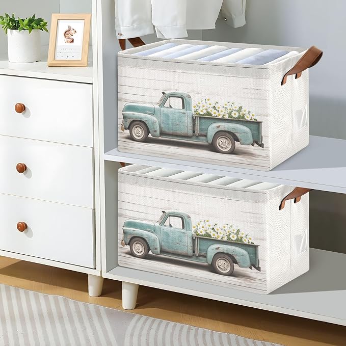Vintage Truck with Daisies Wood Grain Storage Bins for Shelves with Labels&Handles Fabric Organizer Bin Foldable Rectangle Storage Basket Boxes for Closet, Bathroom, Home, Living Room