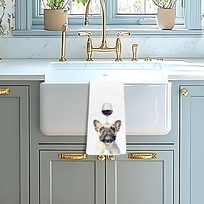 Funny Wine French Bulldog Decorative Kitchen Towels, Gifts for French Bulldog and Wine Lovers Hand Tea Towels for Bathroom, Frenchie Gifts for Women Men Dish Towel Dishcloth, 16x24 Inch