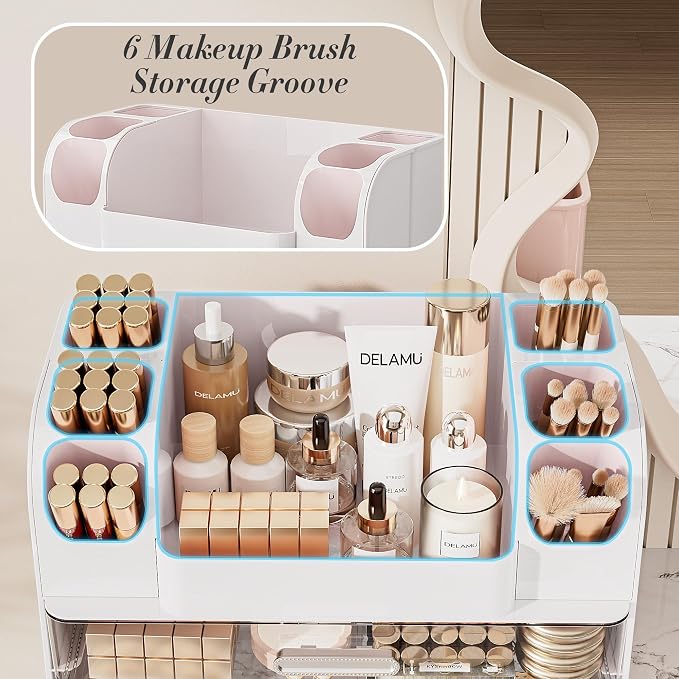 Delamu Large Makeup Organizer Countertop with 6 Brush Holders, White