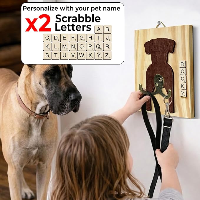 Great Dane Dog Leash Holder Wall Mount with Scrabble Letters, Wooden Dog Wall Hook Organizer, Pet Collar and Harness Holder Entryway, Key Hook and Leash Rack, Gift for Pet Lovers, Home Decor PF297-40