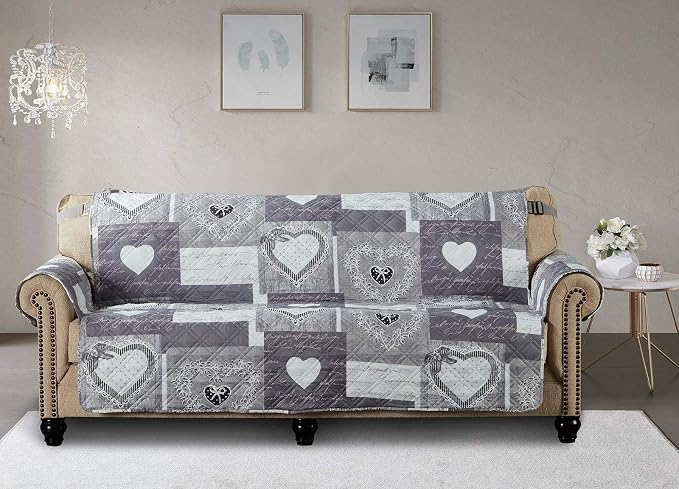Brilliant Sunshine Grey Heart Love Patchwork Loveseat Cover, 54" seat | Quilted Sofa Cover, Living Room & Bedroom Furniture Protector, Large Washable Love Seat Slipcover for Pets, Dogs & Cats