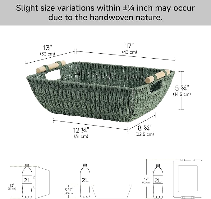 StorageWorks Large Wicker Basket, Woven Basket for Shelves, Bosana Green | Wicker Storage Baskets for Shelves, Baskets with Wooden Handles, 2-Pack Gifts Basket for Home Decor, Hand-Woven Basket