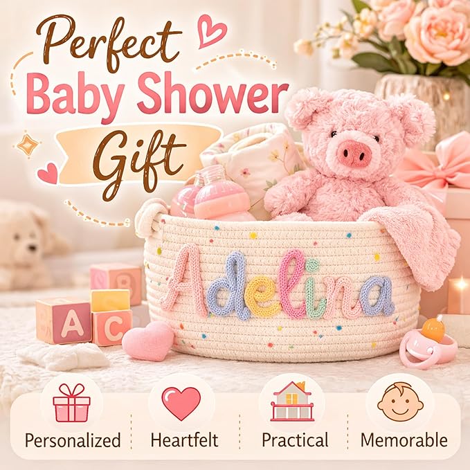 MBBEST Personalized Baby Basket with Name, Cotton Rope Nursery Storage Basket, Custom Baby Shower Basket, Small Diaper Caddy Organizer for Boys & Girls，Cute Girl & Boy Baby Gifts