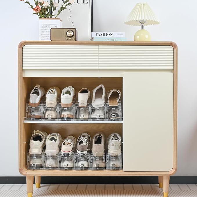 20-Pack Adjustable Shoe Slots Organizer for Closet, Clear | 20 transparent PET shoe stackers organize up to 20 pairs; 3 adjustable height levels for sneakers, heels, and flats.