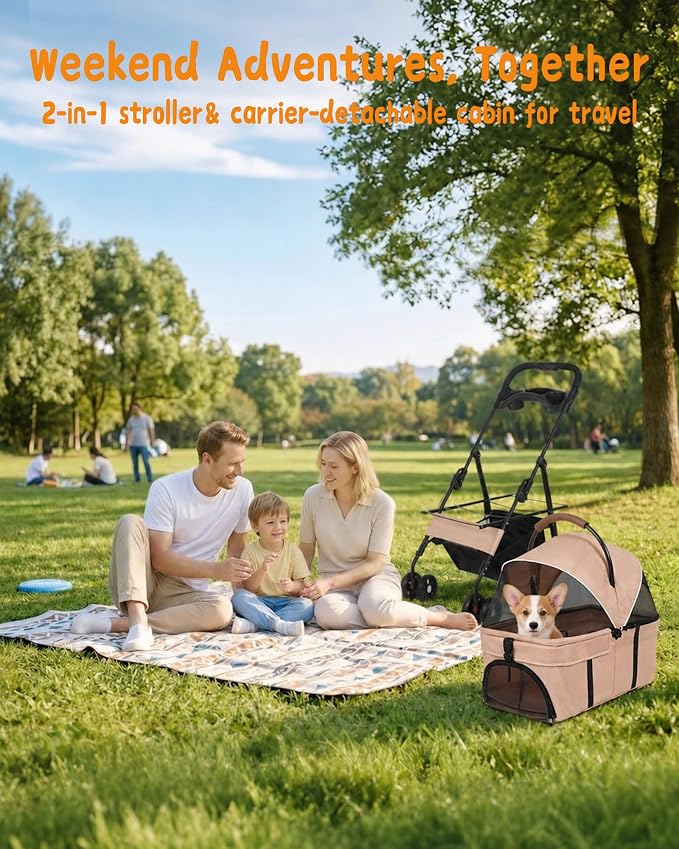 Pet Stroller, 3 in1 Foldable Dog Cat Stroller with Detachable Carrier-Khaki | 35lbs Lightweight Foldable Dog Stroller, All-Terrain 4 Wheels, Compact Travel Pet Stroller for Small to Medium Pets