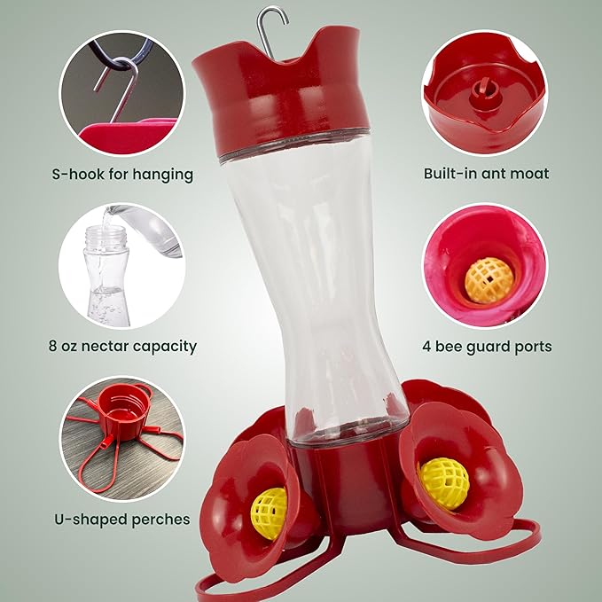 Perky-Pet Glass Hummingbird Feeders for Outdoors with Ant Moat, Bee Guards, & Perches, 8oz Nectar Capacity, Wide-Mouth Bottle for Easy Filling & Cleaning, Outdoor Garden Décor, 203CPBN-2 (Pack of 2)
