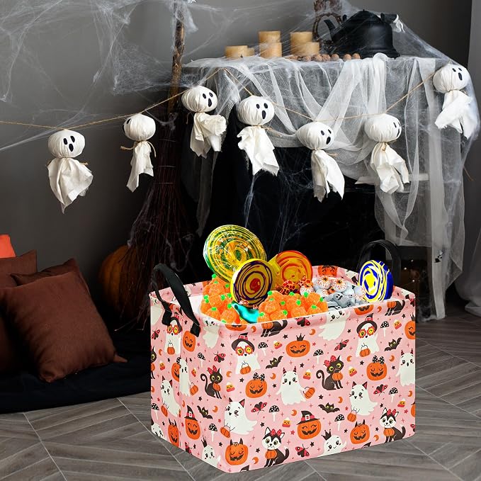 Pink Halloween Storage Basket for Girls, Pumpkin Ghost Bat Spider Design