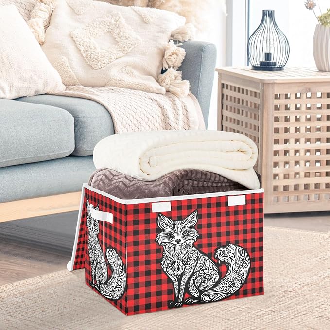Fabric Storage Bins with Lid Mandala Fox Foldable Storage Boxes 40L Baskets | Foldable & Stackable, Flip Top Dust Guard, Reinforced Handles, Home & Bedroom, Clothes & Toys, Mandala Fox Basket
