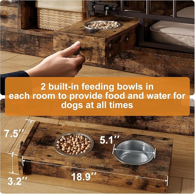 Dog Crate Furniture for 2 Dogs, Double Dog Crate TV Stand, Brown | 78.7'' Large Dog Kennel Indoor, 2 Storage Drawers, 3 Shelves and Feeding Bowls, Pet Kennel for Small and Medium Dogs