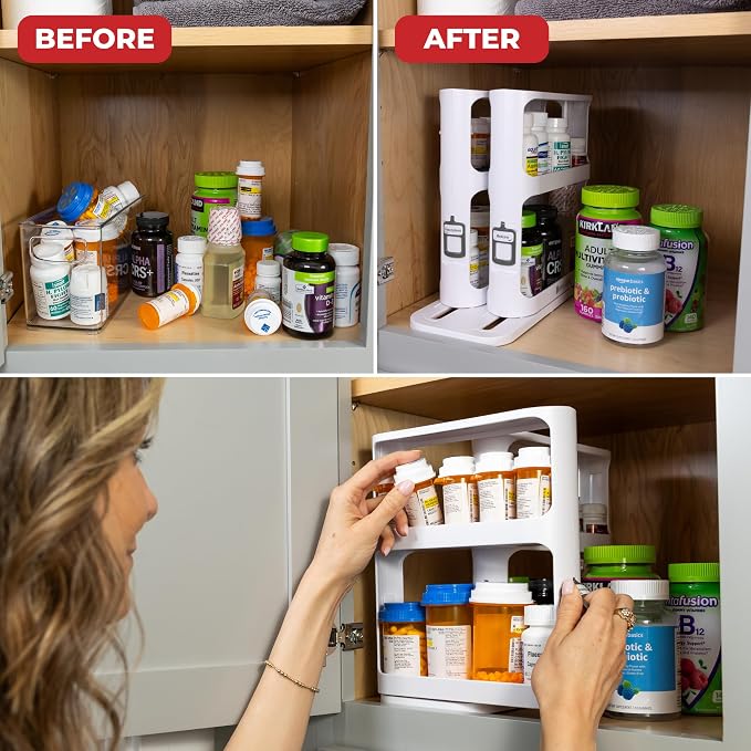 Spice Rack Organizer for Cabinet, Pull & Rotate, 2-Tier | Double-Decker Shelves, 10.8"H x 5.25"W x 10.8"D, Modular Side-By-Side, Non-Skid Feet, Stick-On Labels, Sturdy Build