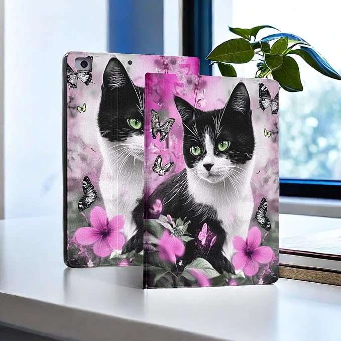 for Microsoft Surface Go 4/3/2/1-10.5" 2021 Tablet Case,Auto Wake/Sleep,Adjustable Stand Protective Cover - Black and White Cat Butterfly