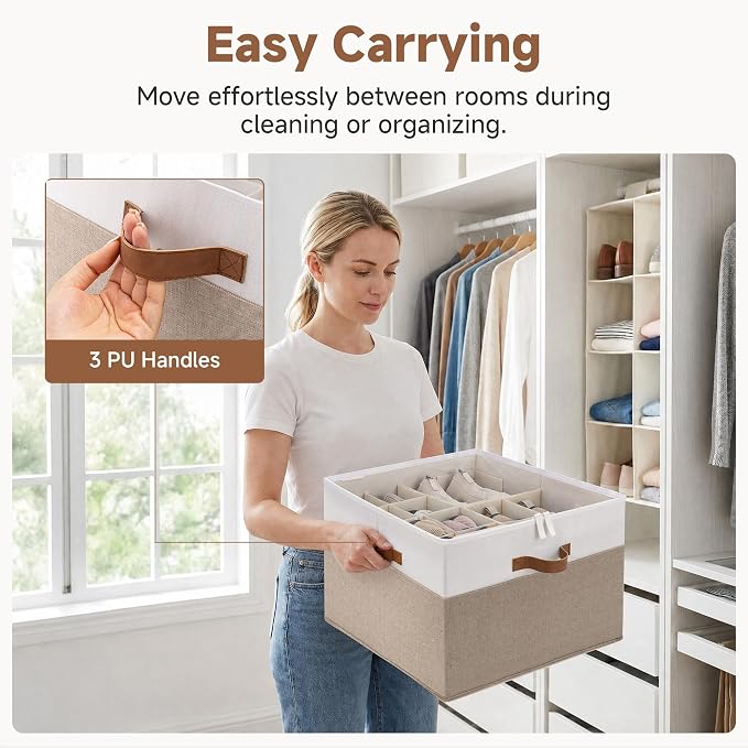 StorageWorks 2-Pack 32-Pair Closet Shoe Storage Organizer, Brown and White | Adjustable Dividers, Holds up to 16 Pairs Each, Foldable, Clear Lid, Soft Handles, Fits Heels, Sandals & Flats, For Bedroom