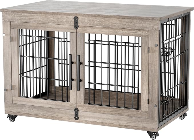 YaFiti Dog Crate Furniture, 38.5" Wooden Indoor Dog Kennel, Grey | Cushion, Wheels, Double Doors, for Large/Medium Dogs, Up to 70 lb, Furniture Style, Side End Table, Decorative Pet Cage House