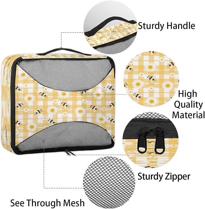 Honeybee Bee Packing Cubes for Travel, Luggage Packing Organizers, Bees Daisies Honey Travel Accessories Large Toiletries Bag for Clothes Shoes Cosmetics Toiletries