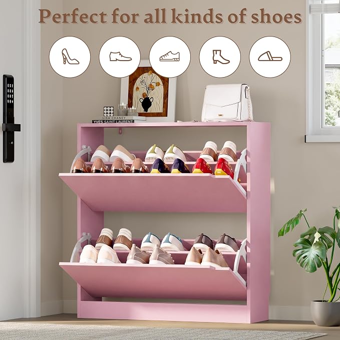 BORNOON Shoe Cabinet with 2 Flip Drawers, Slim Narrow Shoe Storage Cabinet, Freestanding Shoe Organizer with Adjustable & Removable Shelves, Top Display Shelf for Entryway, Hallway, Foyer, Closet