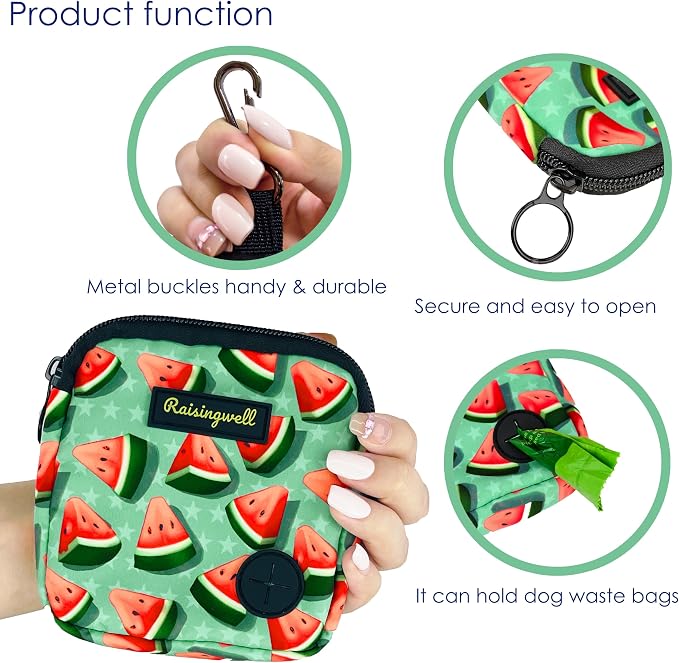 Raisingwell Dog Treat Pouch for Pet Walking and Training with Clicker Poop Bags Small Fanny Zipper Pack Holder for Puppy Snack Dispenser Kit for Leash and Outdoor Use (Watermelon)
