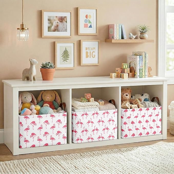 Britimes Flamingo Storage Baskets for Gifts, Toy Storage Bins Box, 3 Pcs | Summer Flamingo Canvas Collapsible Baskets Organizer with Handles Nursery Decor Laundry Basket for Shelves Closet