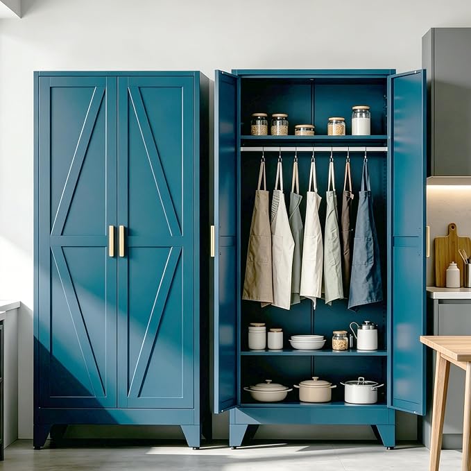71" H Metal Storage Cabinets,Garage Cabinet,Broom Closet Storage Cabinet,Blue Storage Cabinets,Utility Cabinet