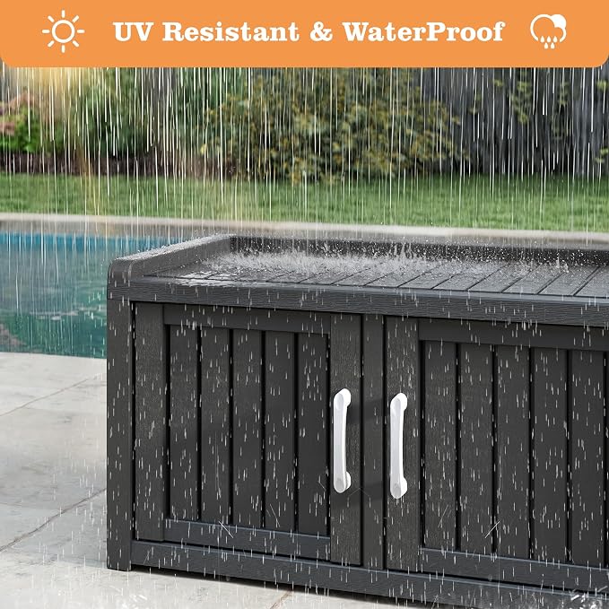 NUNU LAB Outdoor Storage Bench with 2 Barn Doors - Waterproof UV-Resistant Shoe Cabinet for Entryway, Indoor & Outdoor Use, Adjustable Shelves, Easy Assembly (Black, 31.7IN)