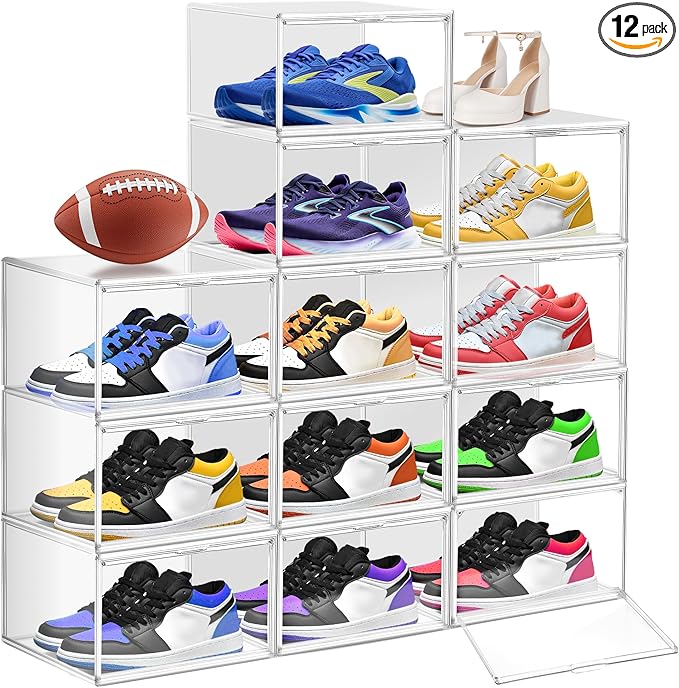 12 Pack Clear Plastic Shoe Organizer, Acrylic Magnetic Door, Fit Size 12 | Large Stackable Sneaker Boxes, Shoe Display Box, Handbag Organizer, Plastic Storage Bins for Closet